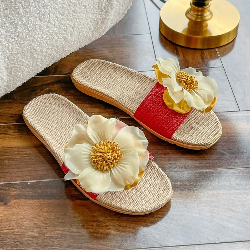 Soft Flower Woven Slippers Bohemia Casual Non-Slip Home Slippers Cotton Linen Thick Sole Flip Flops Woman