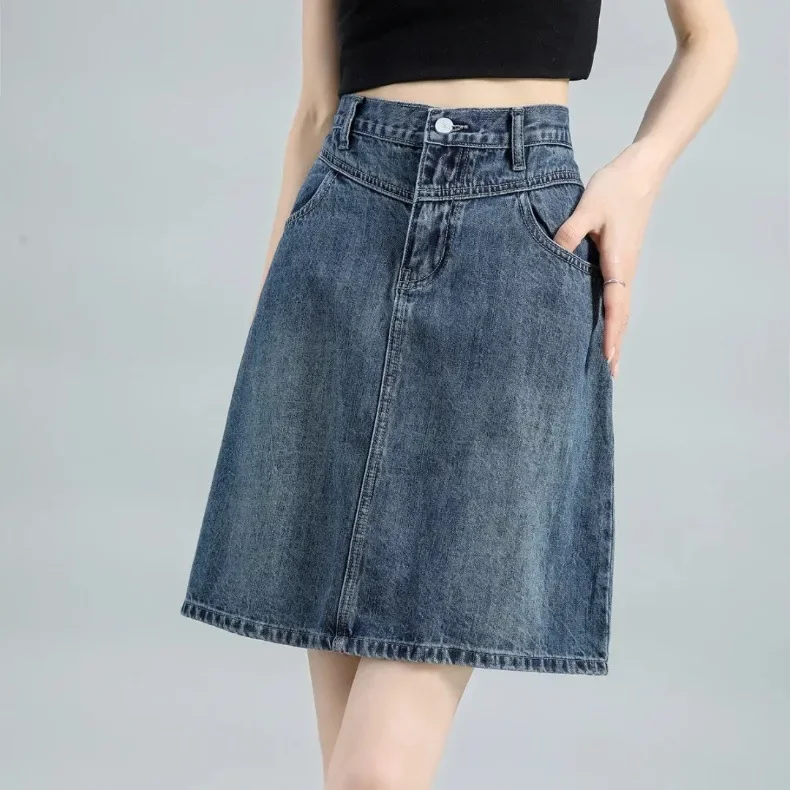 Retro dark plus size denim skirt, mid length skirt, women's summer new high waisted pear shaped dress, A-line half body skirt