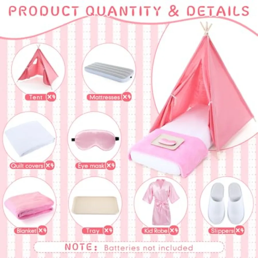 Juego de 4 pijamas para niñas, Kit de tienda tipi, cama inflable, sábana ajustable, bata tipo kimono de satén rosa, parasol, zapatilla, lavado de juegos