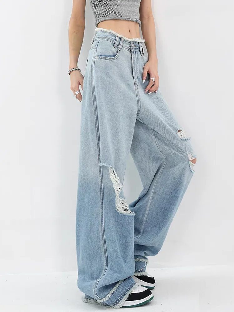 

Y2k Holes Casual Loose Women Jeans Fashion Street Slim Woman Jeans New Light Blue High Waist Wide Leg Pants Female Chicly