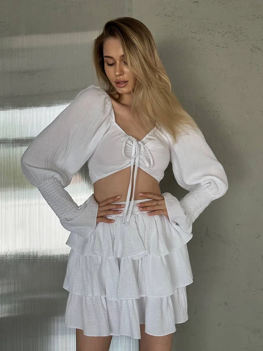 

Marthaqiqi Casual Women Nightgown Suit V-Neck Nightie Long Sleeve Pajama Crop Top Sleepwear Short Skirt White Ladies Pyjamas Set