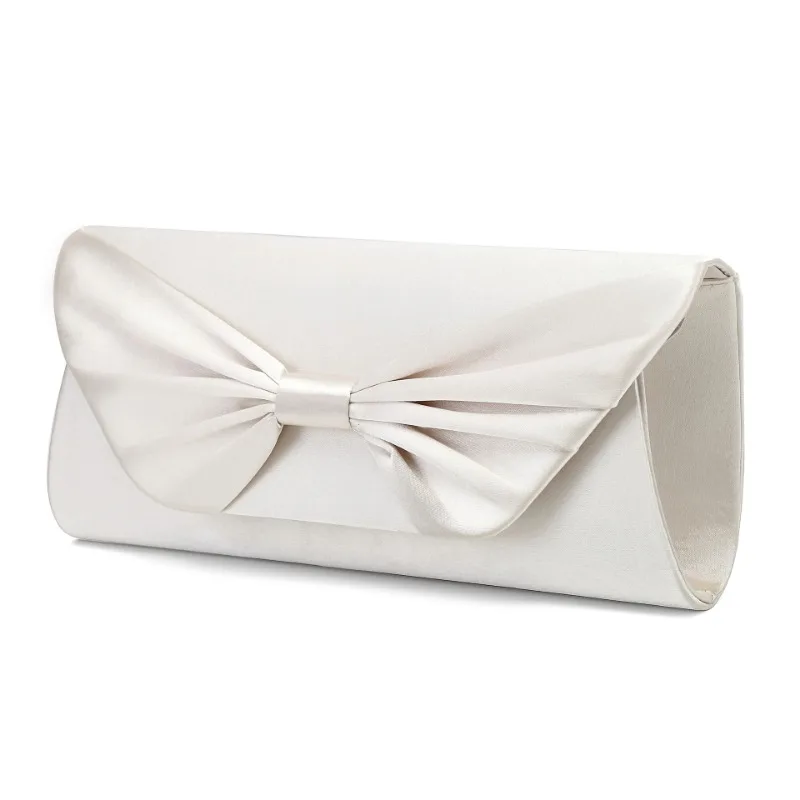 White Satin Wedding Bags for Women Elegant Bow Knot White Beige Evening Clutch Formal Party Glossy Purse Carteras Para Mujer