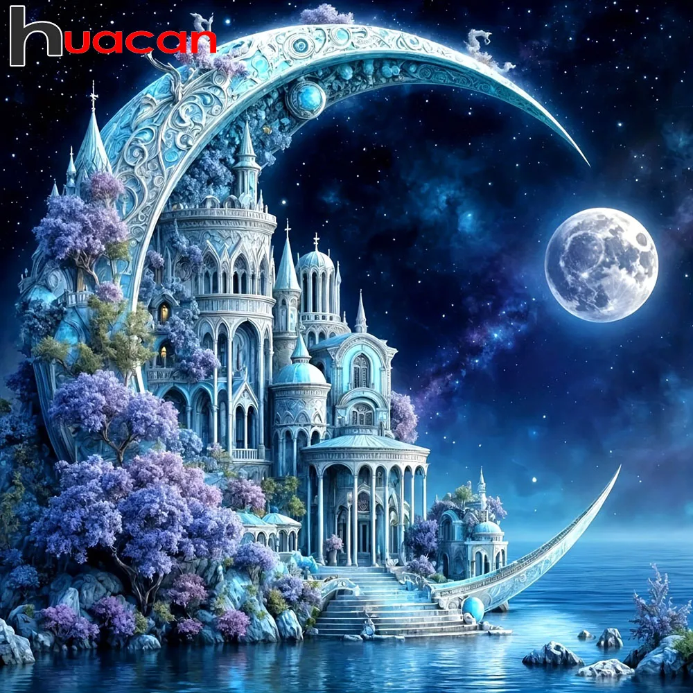 Huacan Vollquadrat Rundbohrer Diamant Malerei Mond Schloss Diamant Mosaik Landschaft Set Home Dekoration