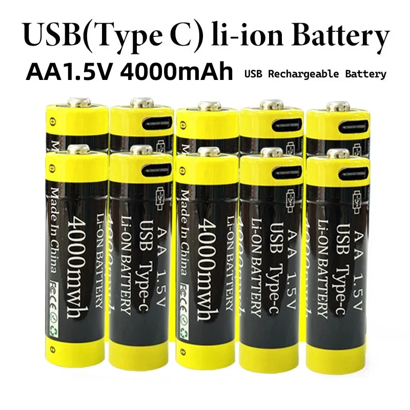 1.5V 4000mah AA Batteries USB Type-C Rechargeable Lithium Ion Battery for Mouse Remote Control Small Fan Electric Toys Clock RC