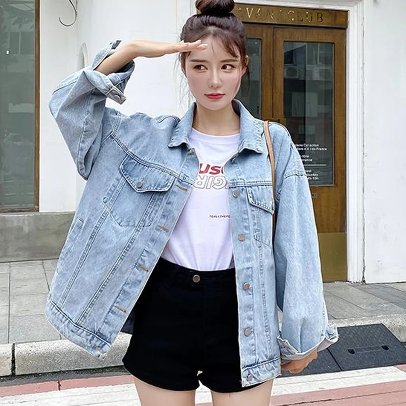 

Autumn Vintage Print Letter Denim Jacket Women Korean Casual Blue Mujer Jean Jacket Loose Street Wear Lady Outwear New