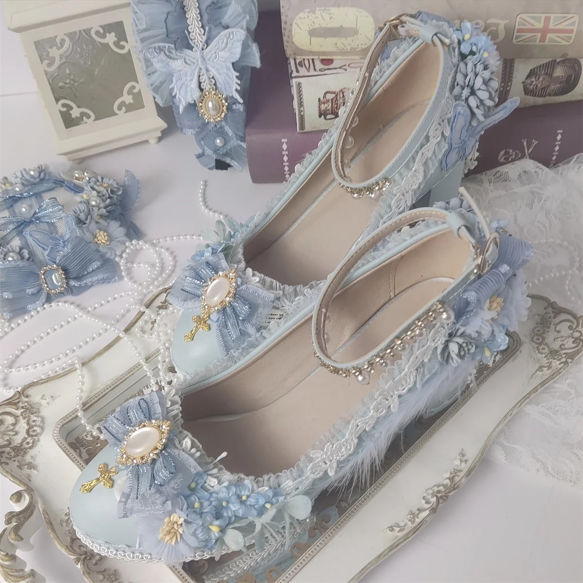 Sweet Lolita Retro Court Style Cosplay Cute Loli Flower Wedding Girls Gem Flower Ribbon Plush Bow 6-8 Cm High Heel Shoes