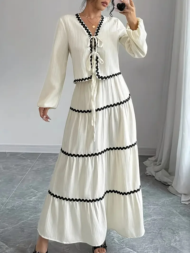 2025 Set camicia e gonna con fiocco con maniche a lanterna piegate a strati di pizzo estivo per donna