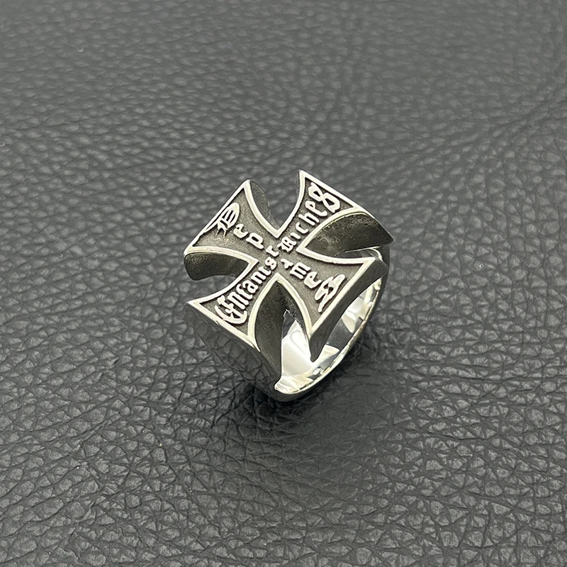 Vintage Aging Men Domineering Gothic Cross Ring Vintage Old English Letter Engraving Wide Thick Band Punk Street Fashion Stateme