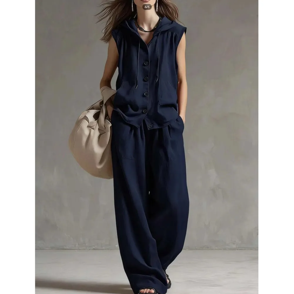 

Sleeveless Hooded Top+high-waisted Wide-leg Pants 2-piece Set Summer New Women's Loose Casual Single-breasted Trousers Set