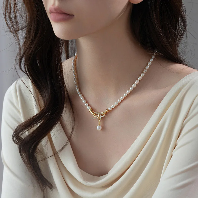 

100% Natural Freshwater Pearl Elegant Bowknot 14K Gold Filled Female Short Chain Necklace Jewelry For Women Wedding Gifts
