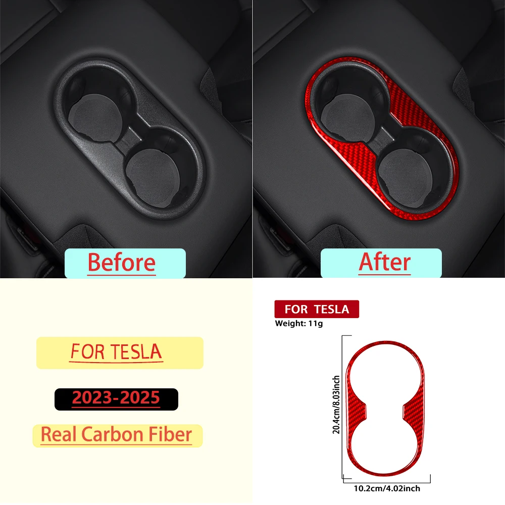 For Tesla Y 2023—2025 Car Rear-drain cup Frame Trim Red Real Soft Carbon Fiber Interior Car Accessories Decoration Sticker
