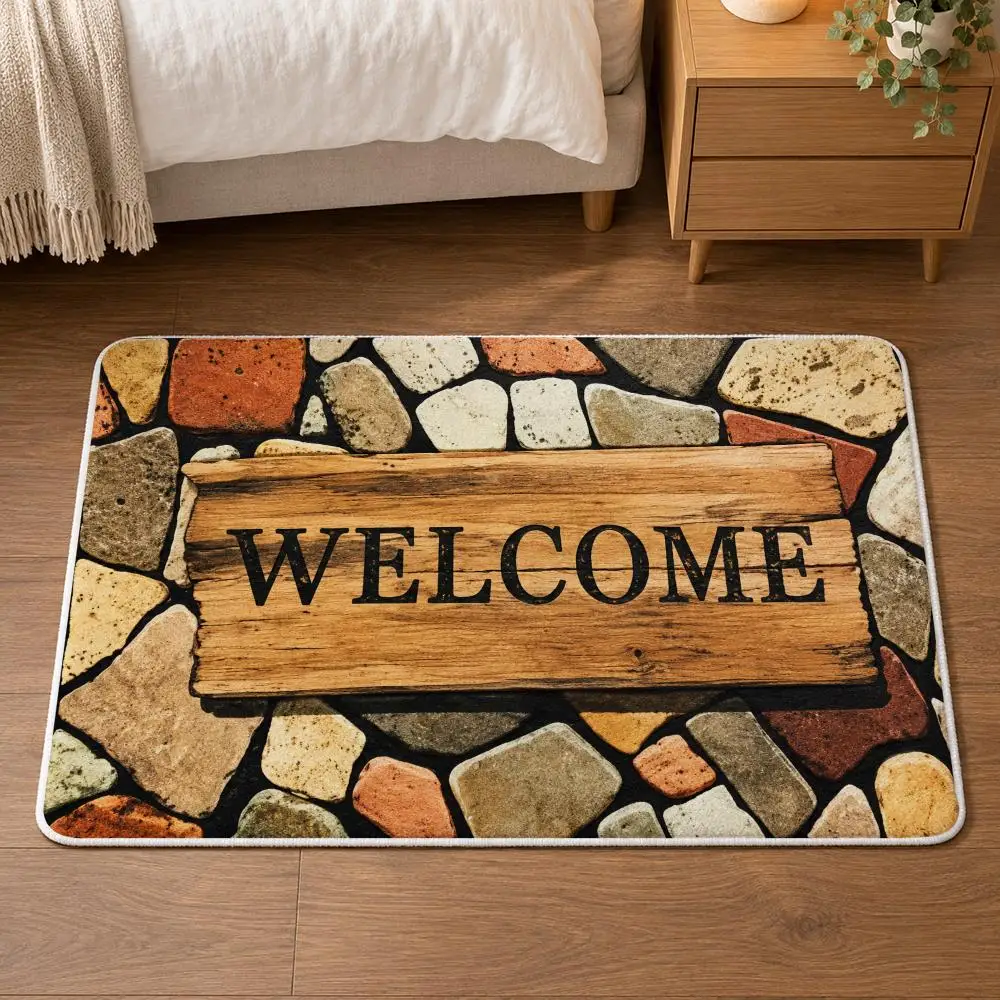 Stone Welcome Home Floor Mat Flannel Rug Soft Non Slip Door Mat for Bathroom Bedroom Entryway Home Decor Gift