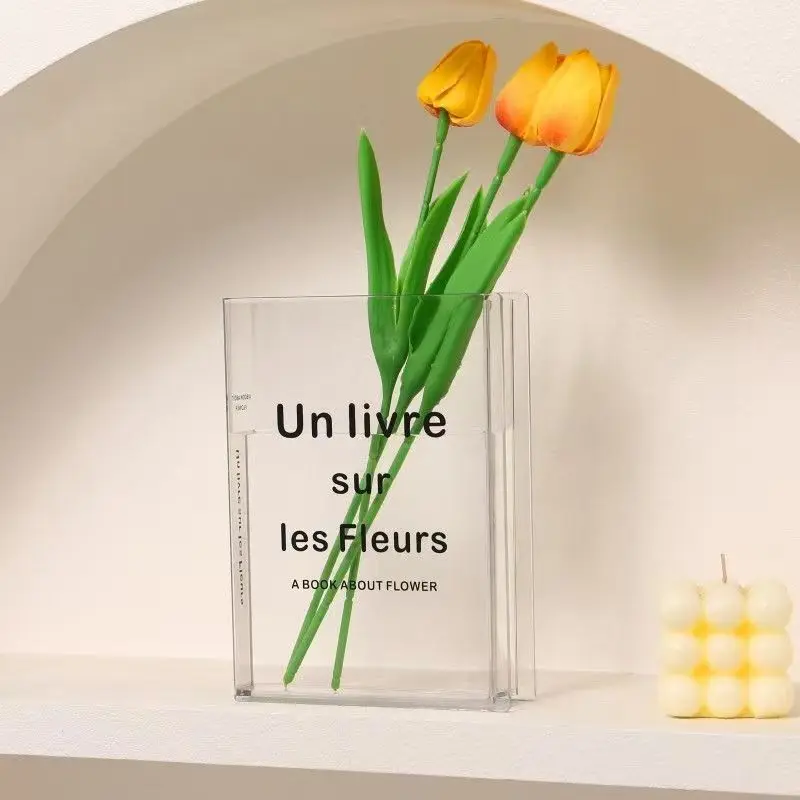 Klare Buch-Blumenvase – Blumen-Bücherregal-Dekoration, Acryl-Blumenhalter, platzsparender Organizer, moderne Dekoration für Zuhause und Büro