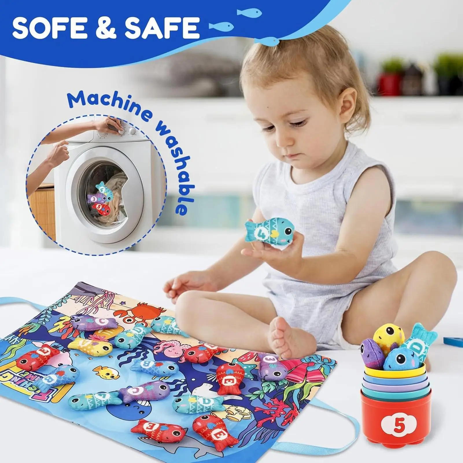 Brinquedo de classificação de cores para crianças, brinquedo de tecido para aprendizagem de números de cores, jogo de pesca, atividade de classificação para crianças de 0 a 36 meses e meninas