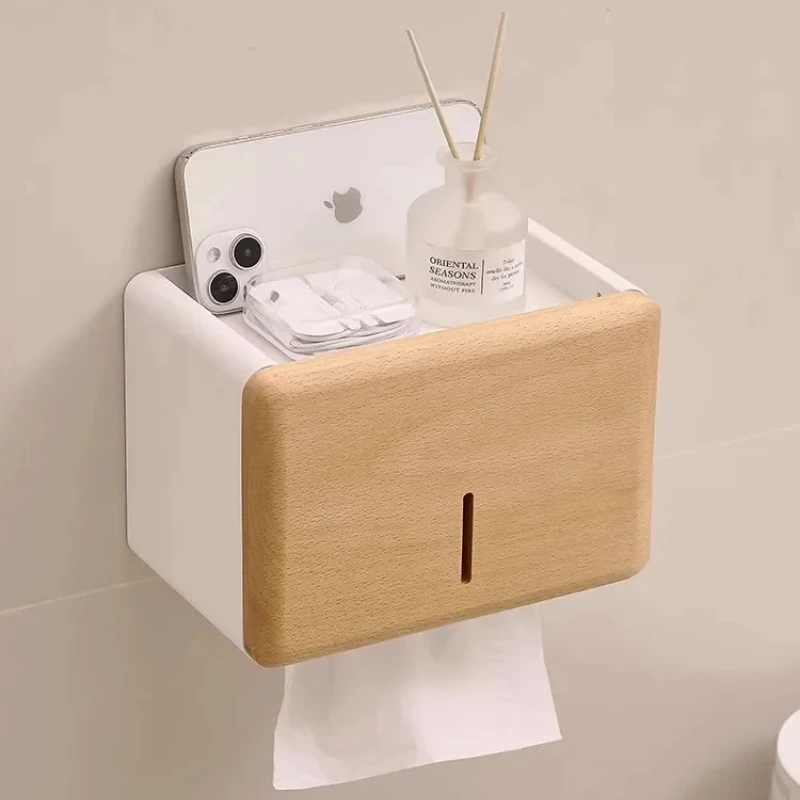 Walnut Wood Toilet Tissue Holder, Waterproof Bathroom Paper Organizer, Punch-Free Paper Dispenser, Anti-Slip Moisture-Proof