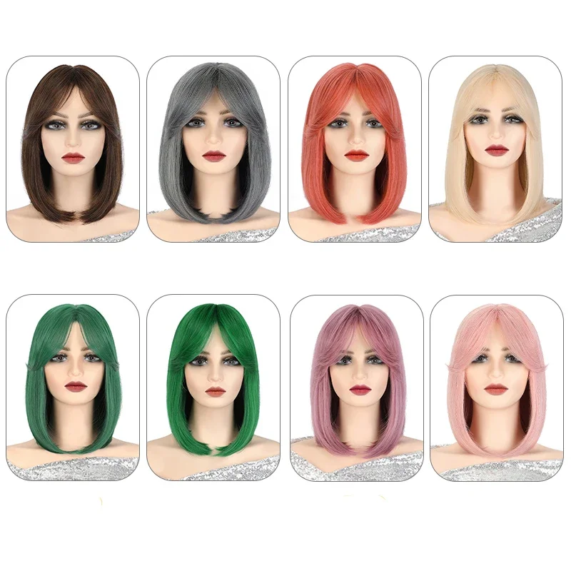 MSIWIGS Women Straight Short Bob Synthetic Wigs With Bangs Pink Blonde Green Orange Red Purple Brown Cosplay Wig Female