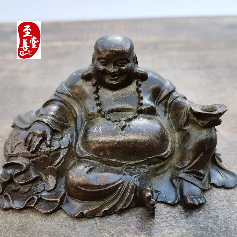 Antique-style alloy bronze decorative piece for living room, featuring a large, smiling Buddha in a cloth bag, with an aged pati