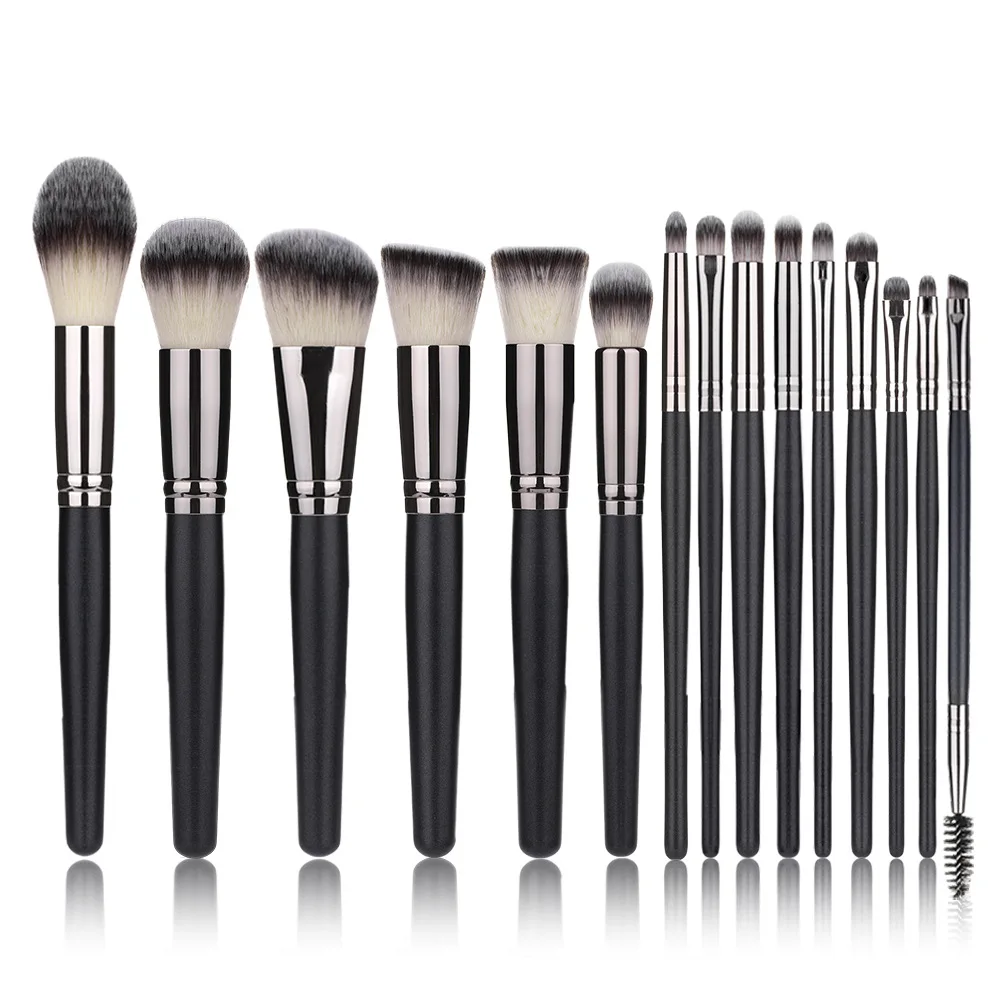 15-delige matzwarte make-upborstelset - volledige set blending poeder foundation borstel, veganistische dierproefvrije cosmetica gereedschap