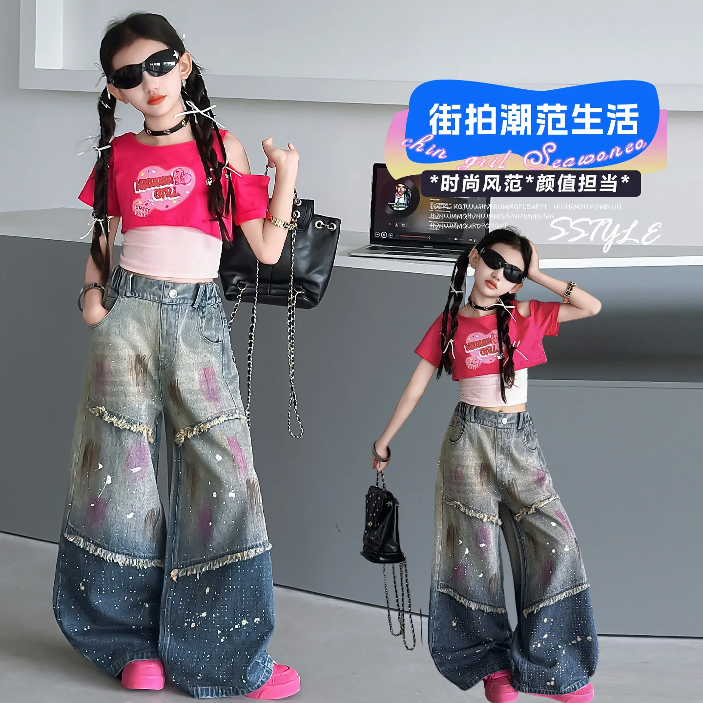 Teenager Girls Gradient Washed Denim Pants Summer 2026 Streetwear Retro Starry Sky Rhinestone Jeans for Kids Aged 4-14