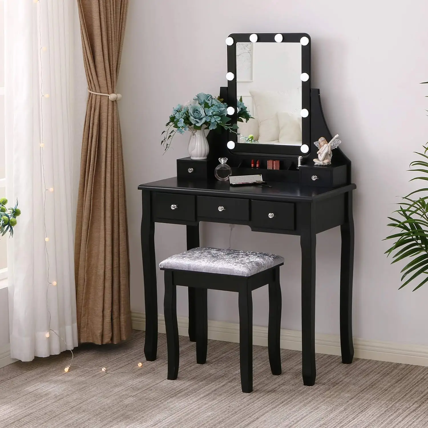 Vanity Set with Lighted Mirror, 10 LED Dimmable Bulbs, Cushioned Stool, Makeup Vanity Makeup Table Dressing Table 5 Dr