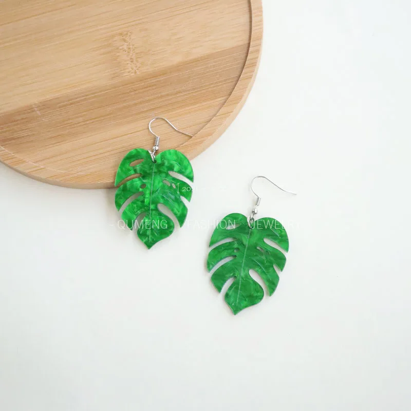 Green Tropical Palm Leaf Turtleback Leaves Drop Earrings For Women New Trendy Ear Hook Acrylic Jewelry Party Gifts