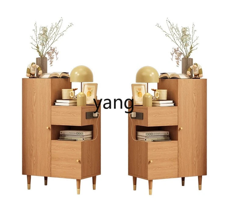 LMM bedroom solid wood bedside table multi-functional household with socket bedside locker integrated