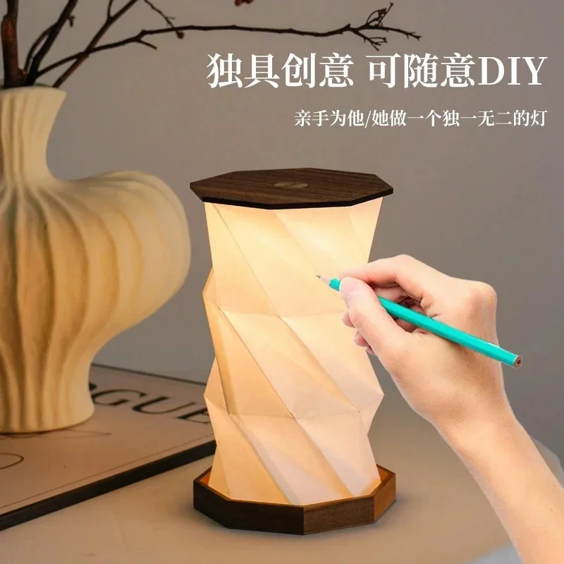 Walnut Rotating Bedside Lamp Rechargeable Night Light Wooden Table Decor For Girlfriend Romantic Cozy Bedroom Anniversary Gift