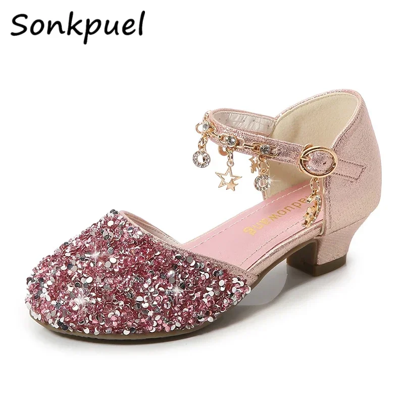 2024 Girls Glitter Sandals Children High Heels Shoes Kids Performance Crystal Sandals Baby girl Catwalk Princess Children Shoes