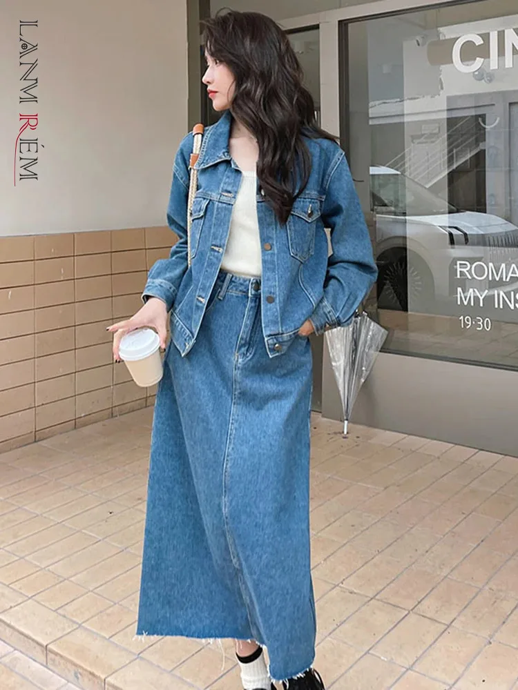 LANMREM Fashion Vintage Denim Two-piece Set Women\'s Lapel Single Breatsed Coat With Casual Skirt 2024 Female Autumn New 2Z2503