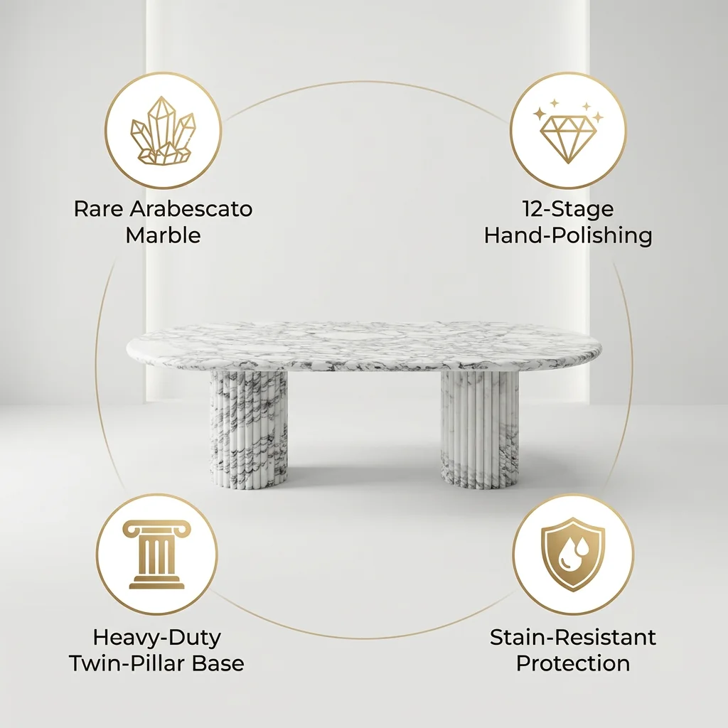 YDSTONE Arabescato White Marble Table Luxury Oval Natural Stone Top with Dual Ribbed Pedestal Base Modern Style Marble Furniture