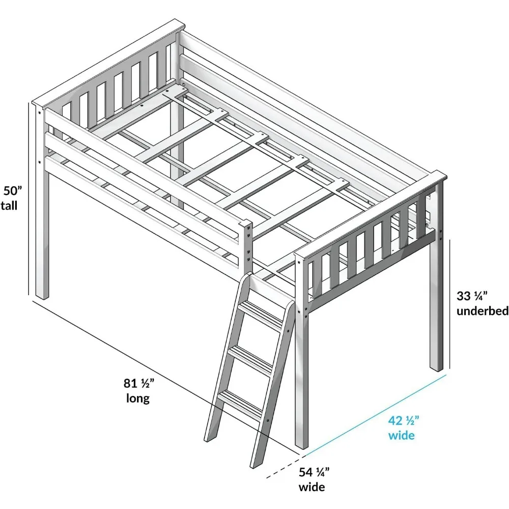 Max & Lily Low Loft Bed, Twin Bed Frame For Kids, Grey