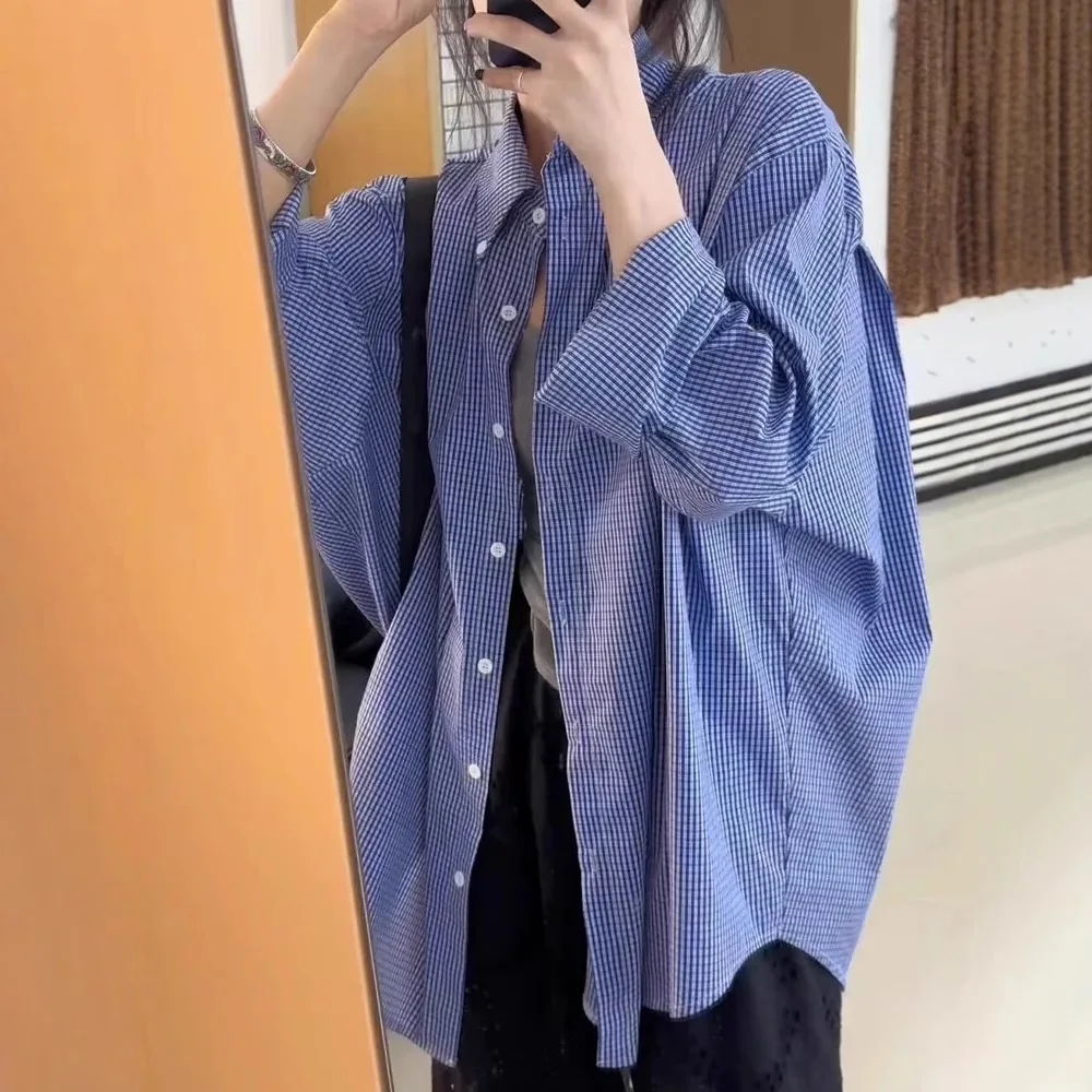 

Новая корейская версия синей клетчатой рубашки Johnature для женщин, универсальные повседневные блузки с длинными рукавами в непринужденном стиле
