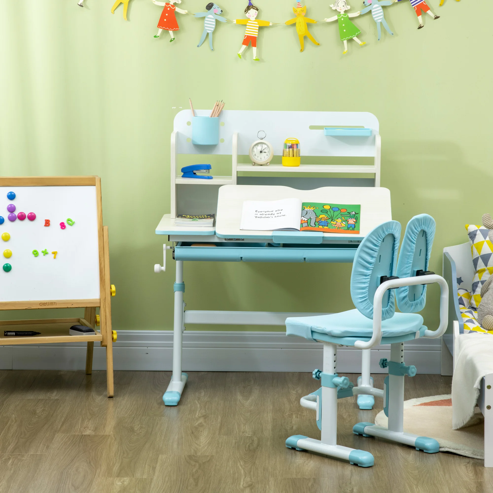 HOMCOM Kids Study Desk and Chair Set, Height Adjustable Set with Storage Shelves, Anti-Slip Mat, for Ages 3-12 Years