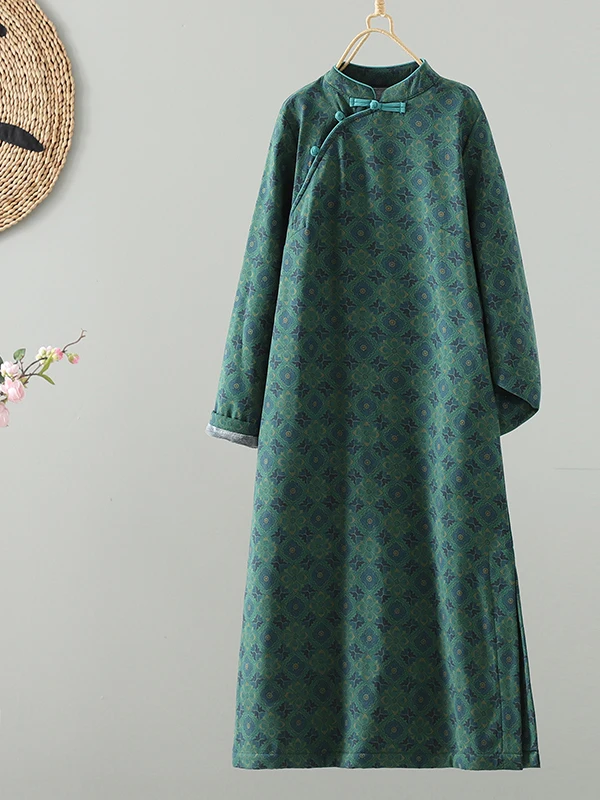 Retro Print Linen Fce Dr Large Size Women's 2025 Long Slimming Thiened Improved Skirt Warm Long Sve