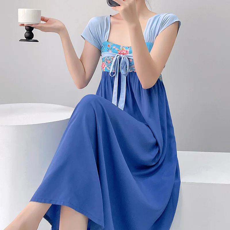 

2026 Retro Chinese Style Hanfu Nightdress Summer New Women's Short Sleeve Home Dress Square Collar Lace Up Nightgowns