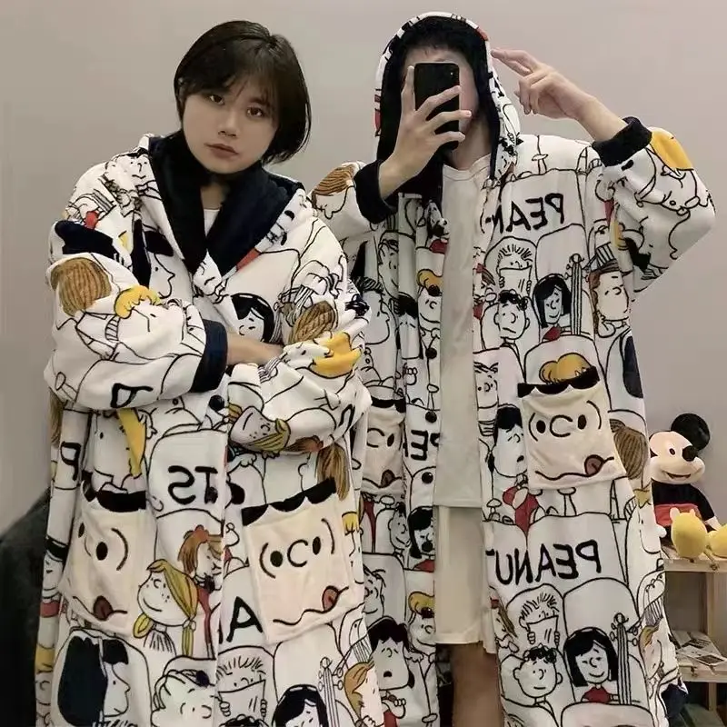 Snoopy Charlie Brown PeppermintPatty Cartoon Plus Velvet Thickened Couple Pajamas Creative Anime Movie Long Coral Velvet Pajamas