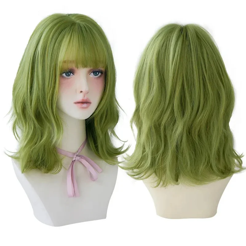 Parrucca 7JHH parrucca verde oliva a onde profonde con frangia adatta per feste da donna squisito ruolo sintetico resistente al calore medio