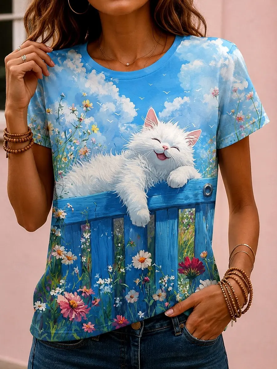 Women's Spring Summer 3D Printed Crew Neck T Shirt, Blue Sky Flower Fence Lazy White Cat Watercolor Print Casual Holiday Top