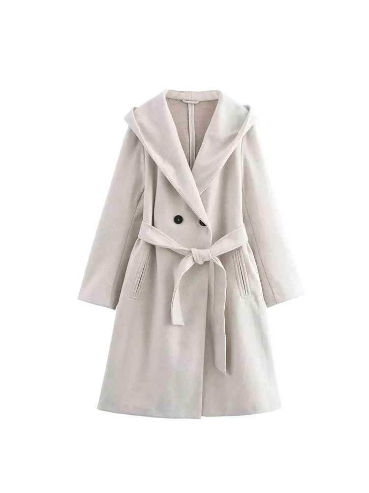 TRAF Autumn Elegant Woolen Trench Coat For Women Vintage Windbreakers Jacket with Belt Loose Hooded Warm Wool Cardigan Outerwear