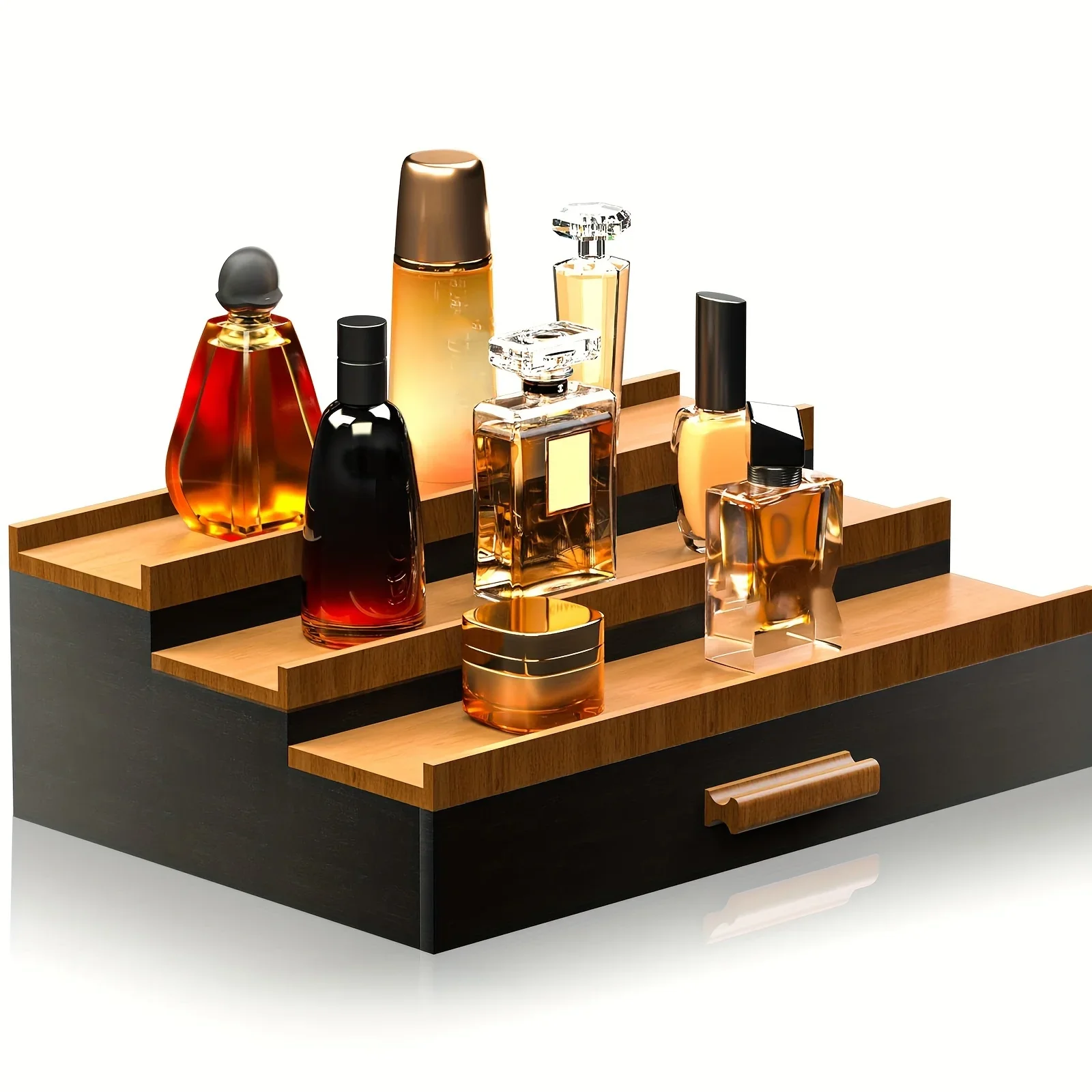 

3-Tier Walnut Perfume Tray & Cologne Holder, Artisanal Men's Perfume Station with Drawer, Mid-Century Modern Dresser Organize