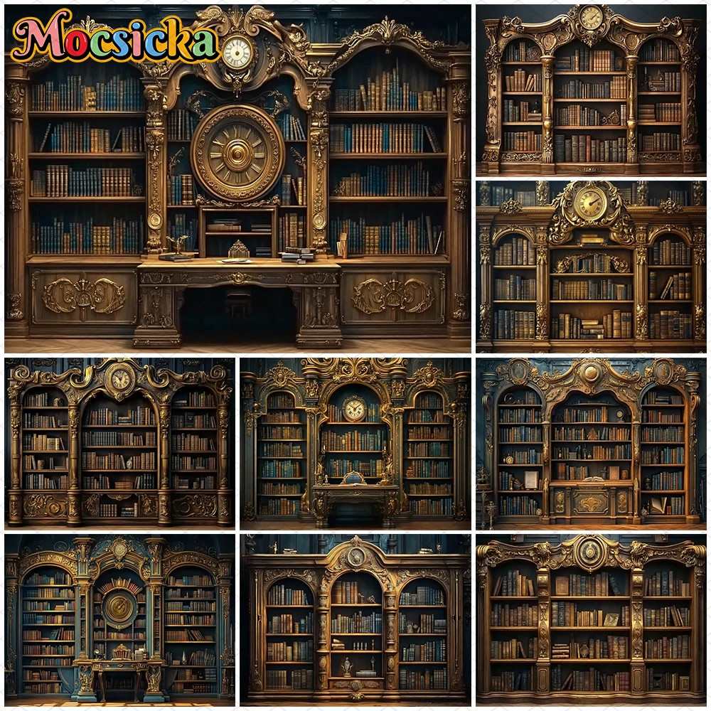 

Mocsicka Vintage Bookshelf Photography Backdrop Birthday Party Background Golden Book Clock Decoration Photo Studio Props Banner