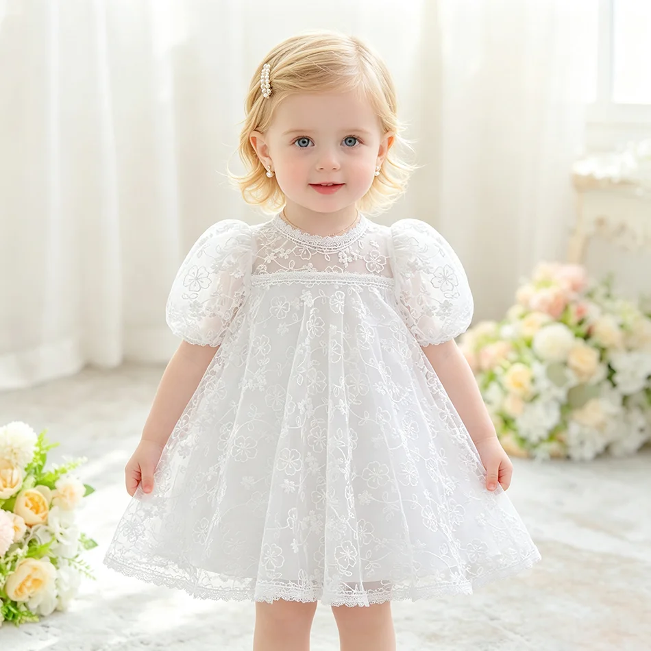 Baby Girls White Lace Baptism Dress with Puff Sleeves Embroidered Floral Gown for Christening Special Occasions Ceremonies ASQ03