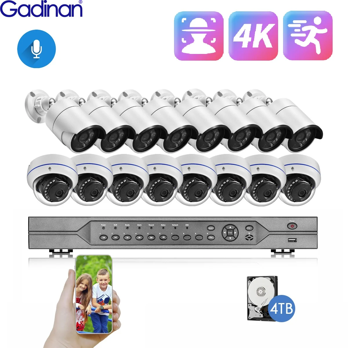 

Gadinan 16CH 4K Security IP Camera POE Face Detection Outdoor Waterproof Surveillance Syste H.265+ NVR Motion Detection 5MP