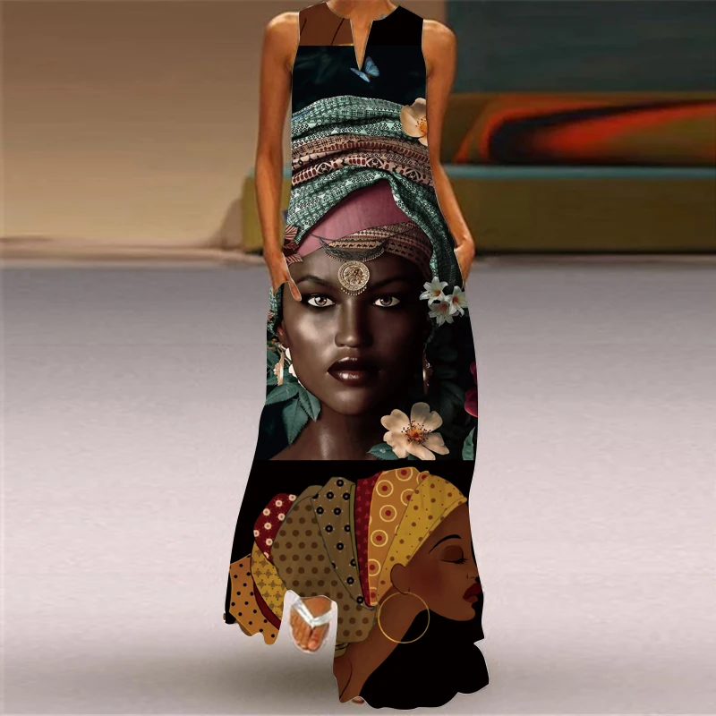 African Retro Ladies Summer Long Dress Women Sleeveless V-neck 3D Face Print Casual  Party Slim Bohemia Beach Travel Photo Dress