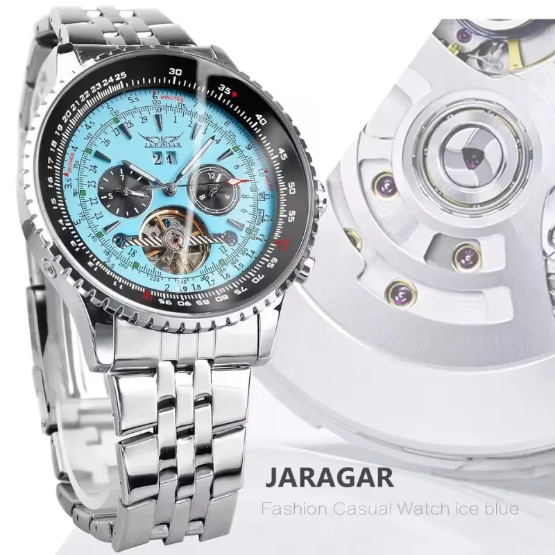 JARAGAR 034 Luxury Retro Automatic Mechanical Watch Tourbillon Hollow Skeleton Stainless Steel Calendar Week Men's Watch Reloj