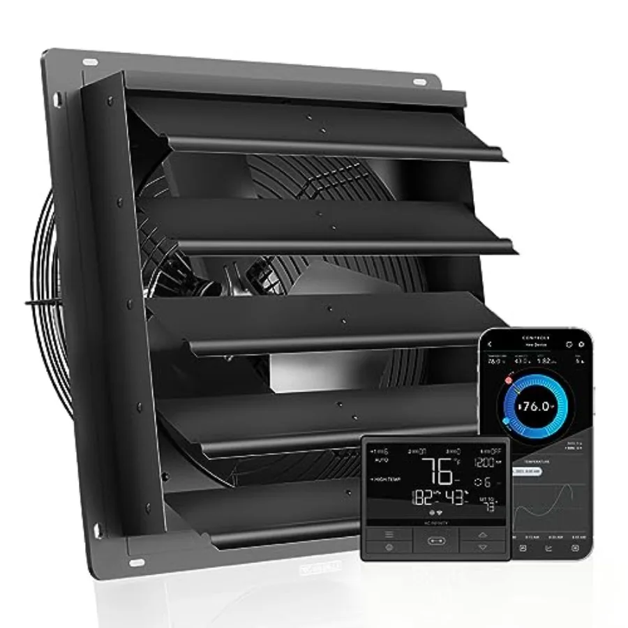 

Sheds, Attics, Workshops, Greenhouses ventilation: EC-motor shutter exhaust fan, 20-inch, WiFi temperature/humidity controller,