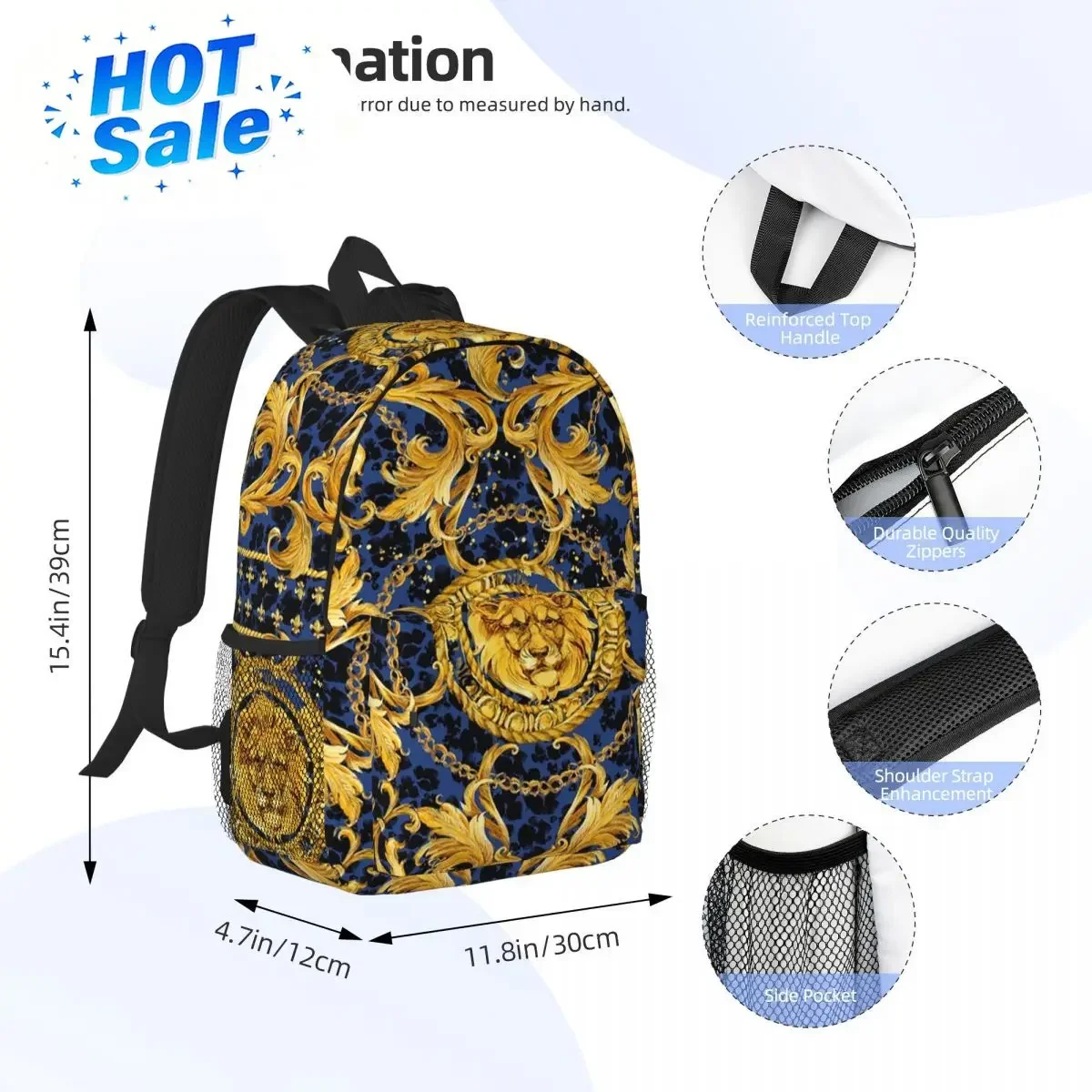 Custom Bag Golden Lion Baroque And Damask Ornament Backpack Hot Sale Daypack Boys Girls BookBag Shoulder Bags For Men Women Kids