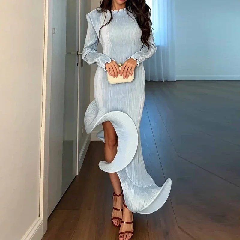 Autumn Fashion O-neck Pleated Banquet Dress Elegant Ruffled Hem Irregular Solid Long Dress Casual Long Sleeve Waist Party Dress