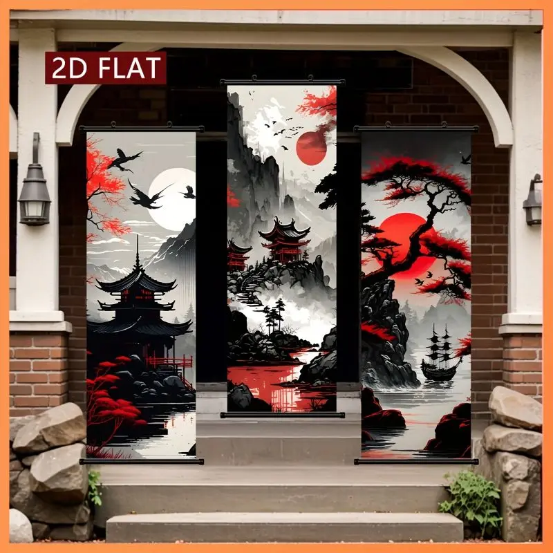 VIKAMA Monochrome Ink Mountain Wall Tapestry Crimson Sun Pagoda Pine Sailboat Black White Scroll Art Home Decor Cozy Soft Gift