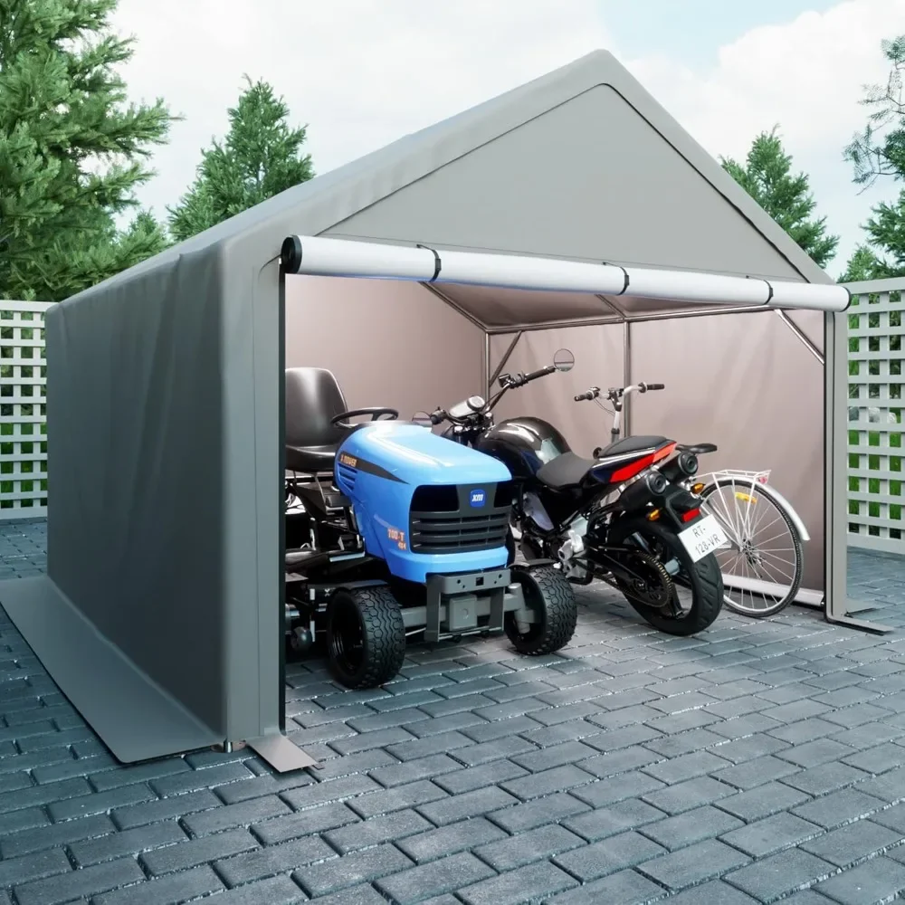 10x10 FT Portable Carport with Roll-up Doors Shelter for Garden Tool，Lawn Mower，Motorcycleand，Outdoor Storage Garage